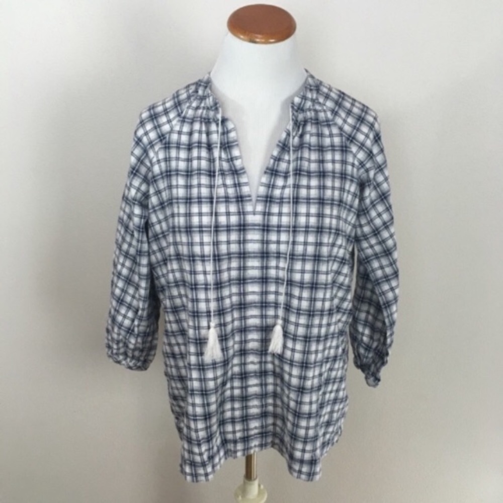 Madewell Camelia Tassel Top Dorian Blue White Plaid Women’s‎ Sz XS